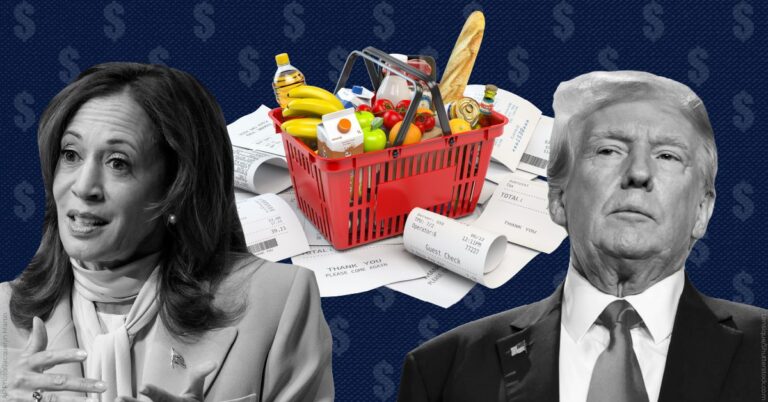 Kamala Harris has said that she will call on Congress to pass a federal ban on price gouging and give the federal government more authority to prevent consolidation in the food industry, if elected. Donald Trump, on the other hand, wants to impose tariffs and reduce food imports, a plan that would cause food prices to increase. (Graphic by Francesca Daly)