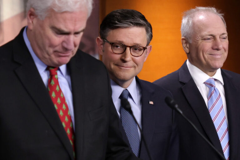 U.S. House Majority Whip Rep. Tom Emmer, R-Minn., left, Speaker of the House Mike Johnson, R-La., center, and House Majority Leader Steve Scalise, R-La., take part in a news conference at the U.S. Capitol on Dec. 17, 2024 in Washington, D.C. (Photo by Alex Wong/Getty Images)