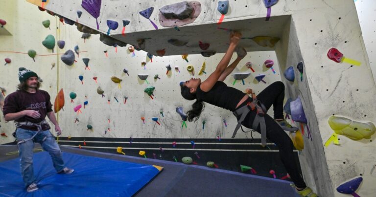 Wilkes-Barre Area STEM Academy students broke up into groups to climb and photograph the climbing for an engineering class on triangles and center of gravity.