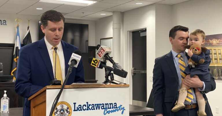 Dunmore Mayor Max Conway speaks at a press conference on Monday, Feb. 24. Lackawanna County Commission Bill Gaughan, a Democrat, nominated Conway to replaced former Lackawanna County Commissioner Matt McGloin.