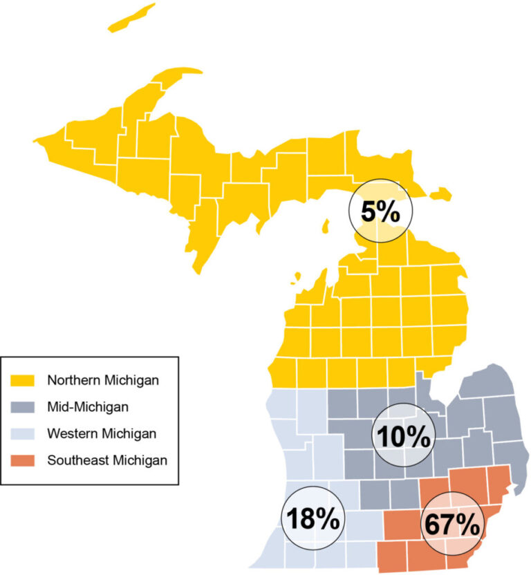 A map of Michigan showing areas where undergraduate students come from