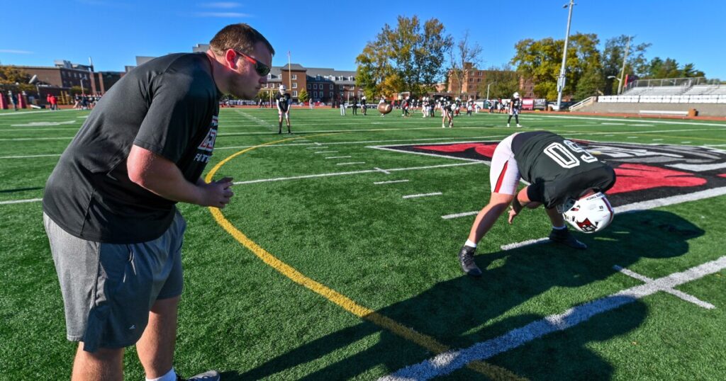 AJ Moncman claps during practice at East Stroudsburg University.