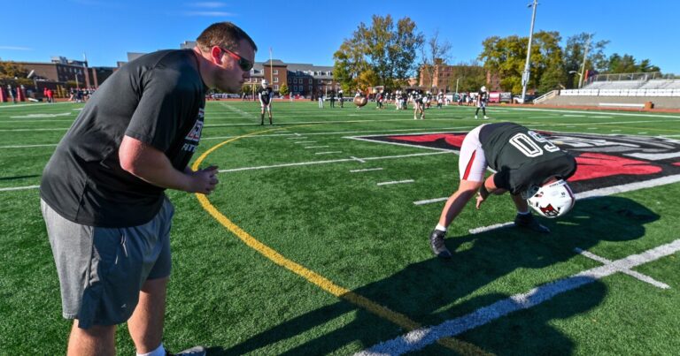 AJ Moncman claps during practice at East Stroudsburg University.