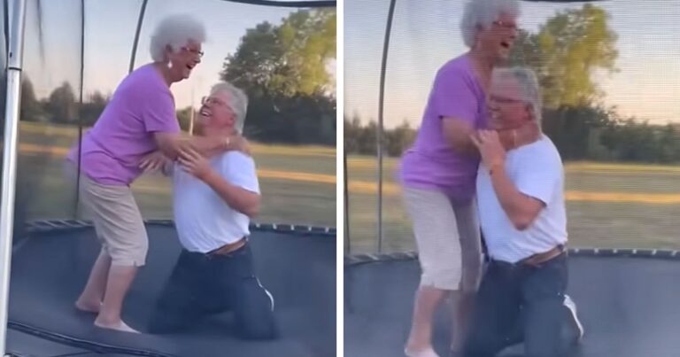 grandma jumping on trampoline