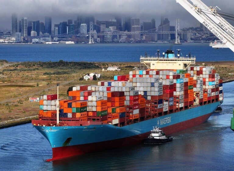 In an aerial view, a container ship arrives at the Port of Oakland on Aug. 1, 2025 in Oakland, California. (Photo by Justin Sullivan/Getty Images)