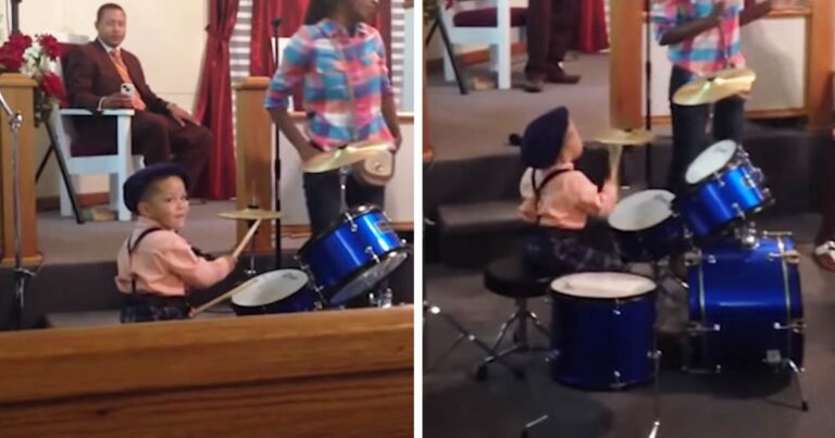 Talented 2-Year-Old Boy Plays Drums At Church