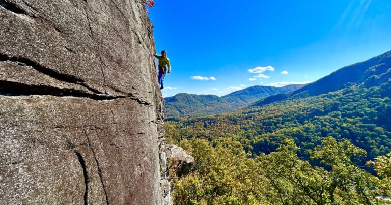 A climber on one of the most challenging Lower Ghost Town routes.