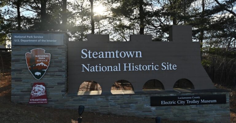 The lights at Scranton's Nay Aug Park include a replica of the Electric City sign.