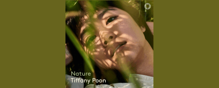 A person lies among green plants, with shadows of leaves across their face. The text Nature Tiffany Poon appears at the bottom left.