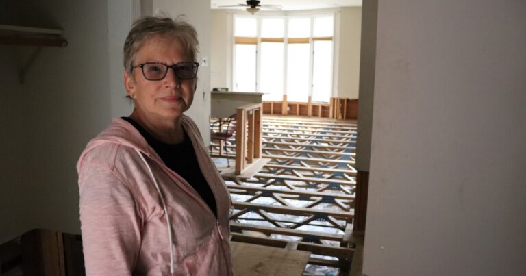 An eroded river bank in the River Knolls neighborhood of East Asheville. The Swannanoa River widened after floods from Hurricane Helene.