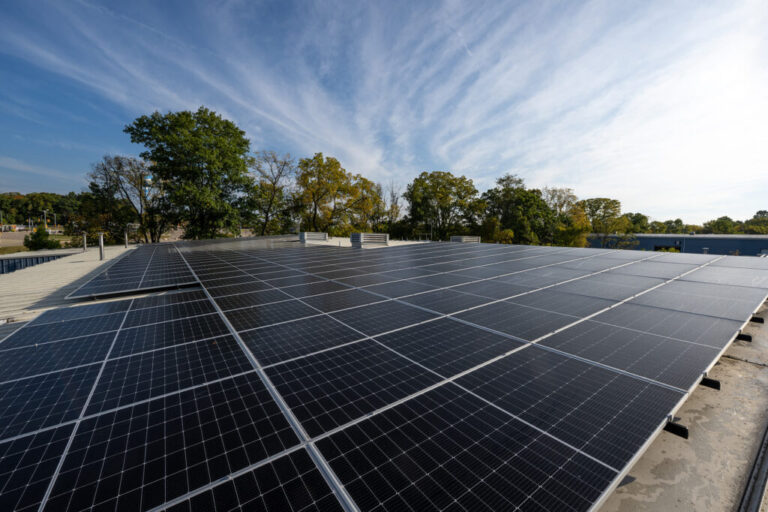 Two new solar arrays located at the North Campus Facilities Services Building are now operational. (Photo by Eric Bronson, Michigan Photography)