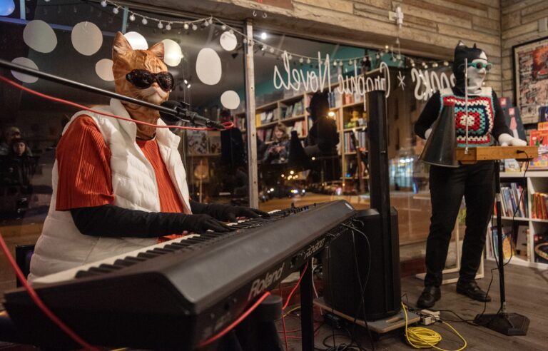 A person in a cat mask, crochet vest, and teal glasses uses a megaphone to address an audience in a room decorated with string lights and bookshelves.