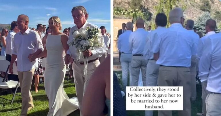 bride walks down aisle with heroes