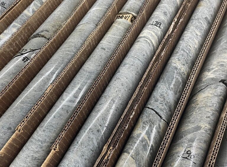 Several cylindrical rock core samples are arranged in parallel rows within cardboard holders, each section labeled with black numbers.