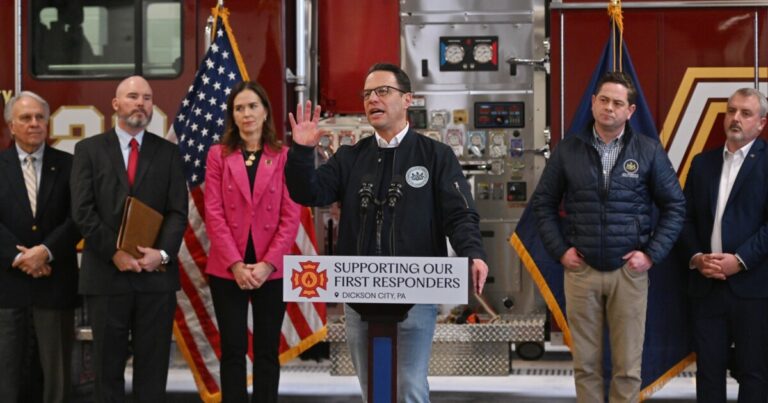 Dickson City Mayor Robert MacCallum introduces Gov. Josh Shapiro at Wednesday's event at the Dickson City Fire Department on Tuesday, Feb. 10, 2026.