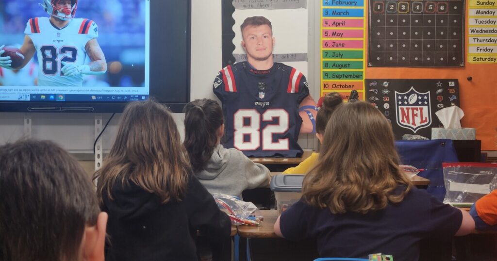 Lakeland third grade students Madelyn Kuwik and Hudson Pierce will cheer for CJ Dippre and the New England Patriots during the Super Bowl today.