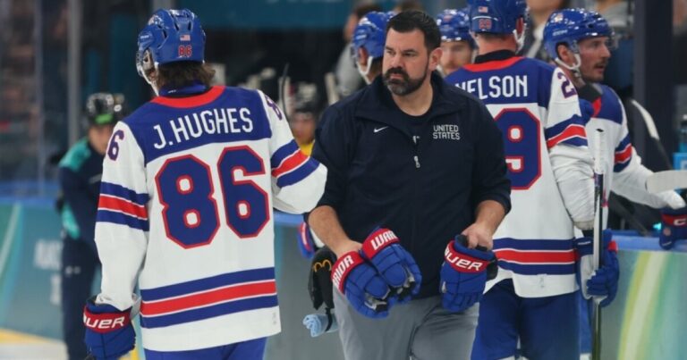 Teddy Richards, left, with Matthew Tkachuk, member of the U.S. Men's Hockey Team and the Florida Panthers, and Bill Zito, Florida Panthers General Manager GM and USA Hockey assistant general manager.