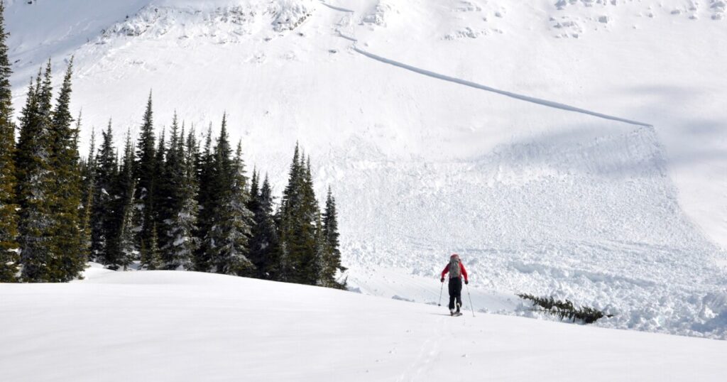 Two first responders in winter weather gear are standing in the snow, preparing to start a search.