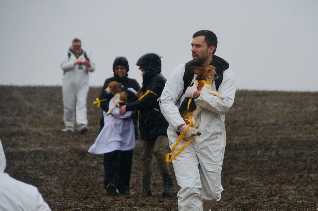 Several people in protective suits and jackets carry small dogs across a muddy field in rainy weather.