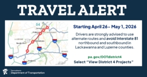Crews work on pothole patching in downtown Scranton. PennDOT officials say pothole patching is getting underway throughout much of Northeast Pennsylvania, with significant work set for this week (April 26-May 1) on Interstate 81 in Lackawanna and Luzerne counties.