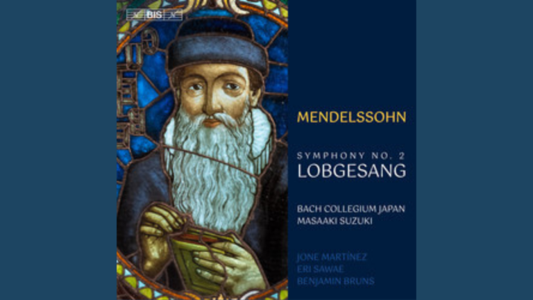 Cover art for Mendelssohns Symphony No. 2 Lobgesang, featuring a stained-glass image of a bearded man and text listing performers and conductor Masaaki Suzuki.