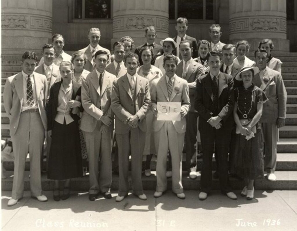 The Michigan Engineering Class of 1931, standing in front of Angell Hall, at their five-year reunion in June 1936.