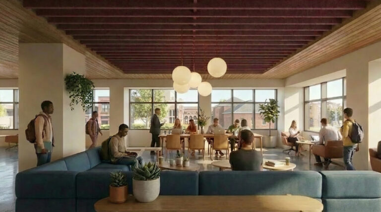 An artist’s rendering of an open collaboration space in Palmer Commons