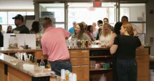 Raffle baskets on display at Books Appétit in 2025.