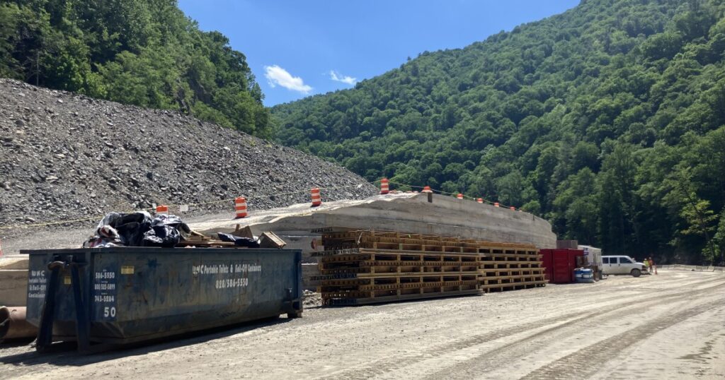 The bridge that rock from Pisgah National Forest is carried across to the I-40 worksite, as seen on Wednesday, May 20, 2026.