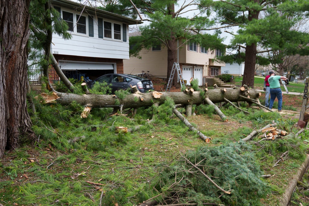 A large pile of discarded wood, carpet, and debris sits on the curb in front of a yellow house in a residential neighborhood.