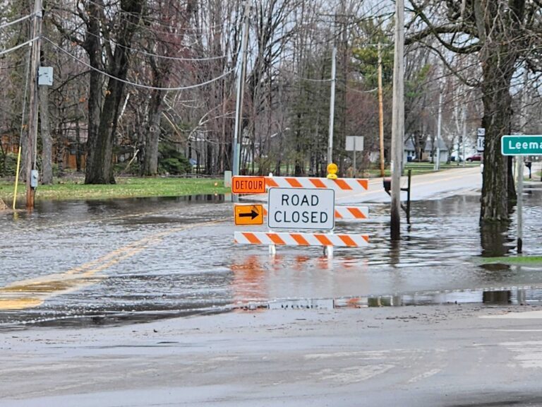 Flooded residential street with water covering the road and lawns, traffic cones blocking access, and overcast sky overhead.