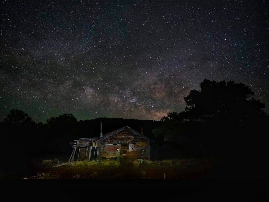 Night scene with a weathered wooden cabin beneath a star-filled sky and the Milky Way, surrounded by trees at dusk.