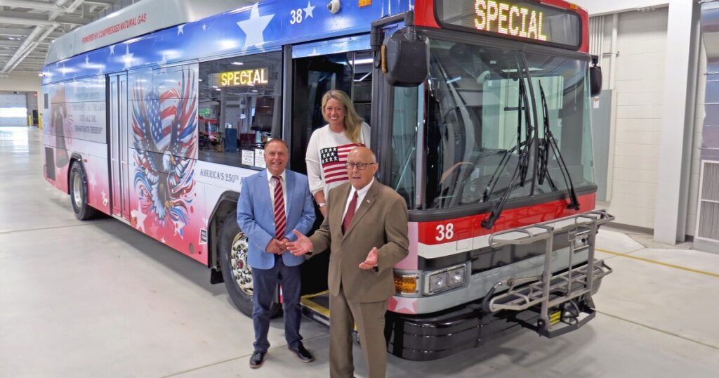 Patriotic LCTA buses decked out with America 250 themes will shuttle Kirby Park concertgoers