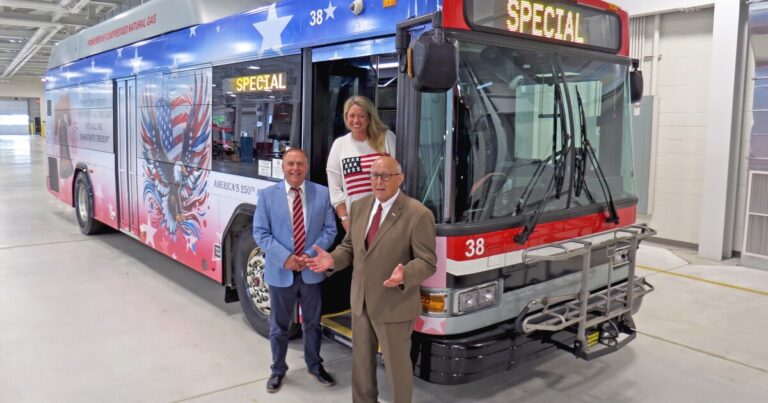 Patriotic LCTA buses decked out with America 250 themes will shuttle Kirby Park concertgoers