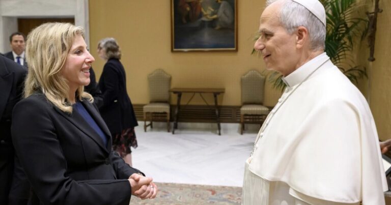 Marywood University President Lisa Lori, left, shakes hands with Pope Francis in May 2024 during a visit to The Vatican with other leaders of Catholic colleges and universities.