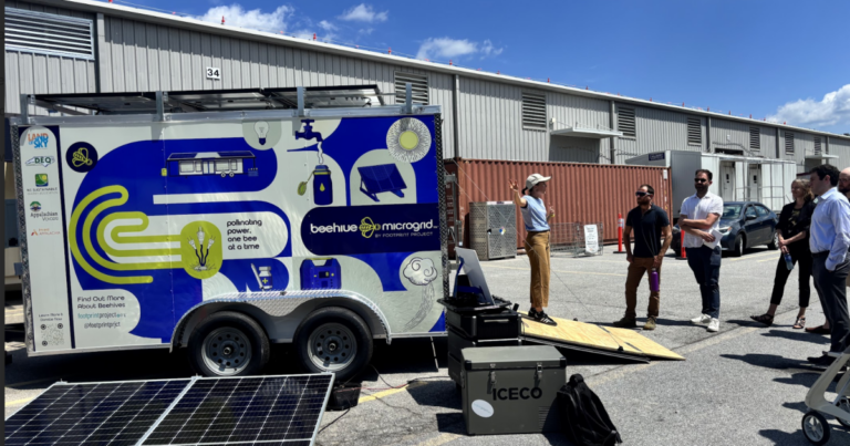Peaches sit inside a solar-powered cooler at MANNA Food Bank. Footprint Project staff and DEQ officials say they hope these setups are used to keep food and medication from spoiling during disasters.