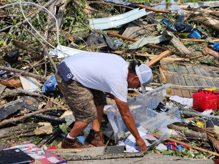 A large box filled with various donated food and household items in plastic bags sits on a sidewalk near a chain-link fence.