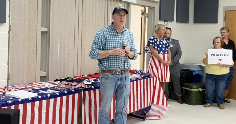 Audience members listen as Republican Senate nominee Michael Whatley speaks at the Waynesville Recreation Center on Saturday, July 18, 2026.