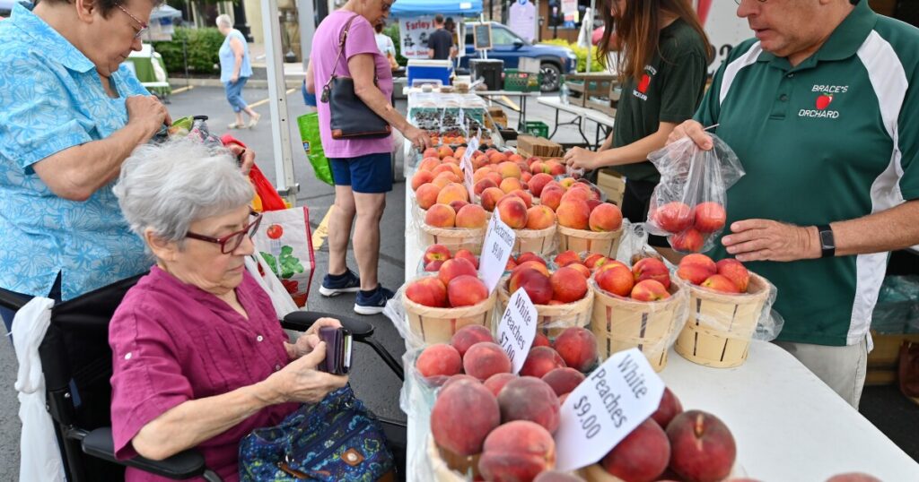 Rachel Rovinski, a CEO nutrition educator, and Kate Fenstermacher prepare a veggie gazpacho at the farmers market.
