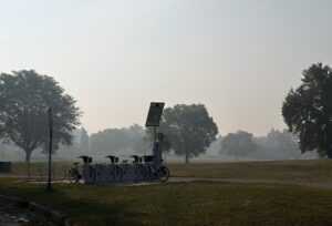 Wisconsin Faces Hazardous Smoke from Canadian and Minnesota Wildfires - Common Good News A calm, hazy lake with floating vegetation near the shore, distant trees barely visible through the mist, and a few green plants in the foreground.