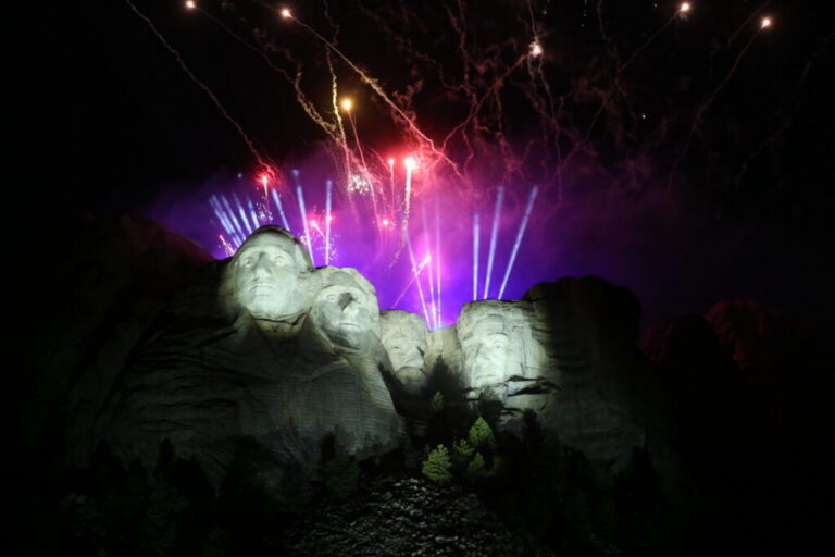 Fireworks explode above Mount Rushmore National Memorial in South Dakota on July 3, 2026, after a speech by President Donald Trump to mark the 250th anniversary of the founding of the United States. (Photo by Meghan O'Brien/South Dakota Searchlight)