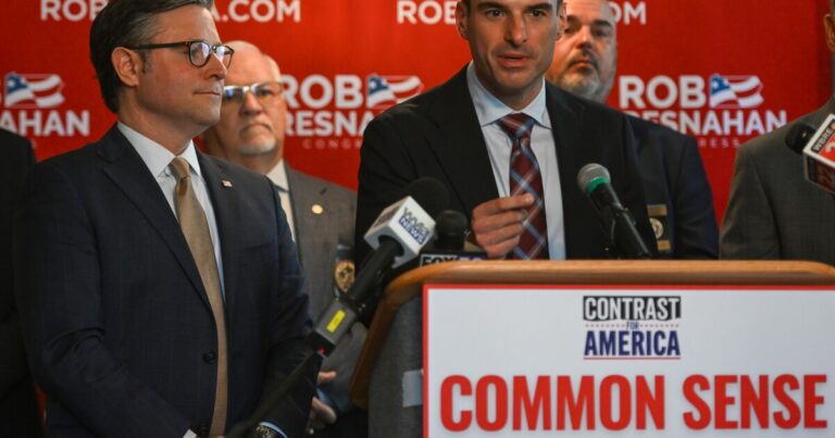 U.S. House Speaker Mike Johnson, a Louisiana Republican, speaks at a news conference Wednesday in Wilkes-Barre to promote U.S. Rep. Rob Bresnahan's reelection campaign and support of police. The news conference took place at the Mary Stegmaier mansion on South Franklin Street.