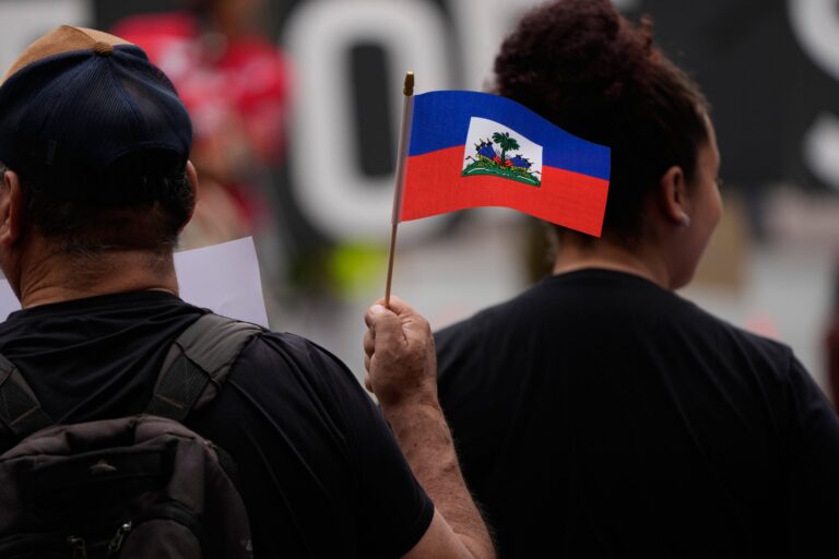 A person holds a small Haitian flag at a public gathering, standing among others facing away from the camera.