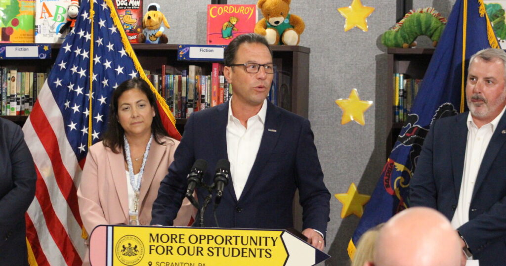 Neil Armstrong Elementary School students went to the library to hear Gov. Josh Shapiro speak.