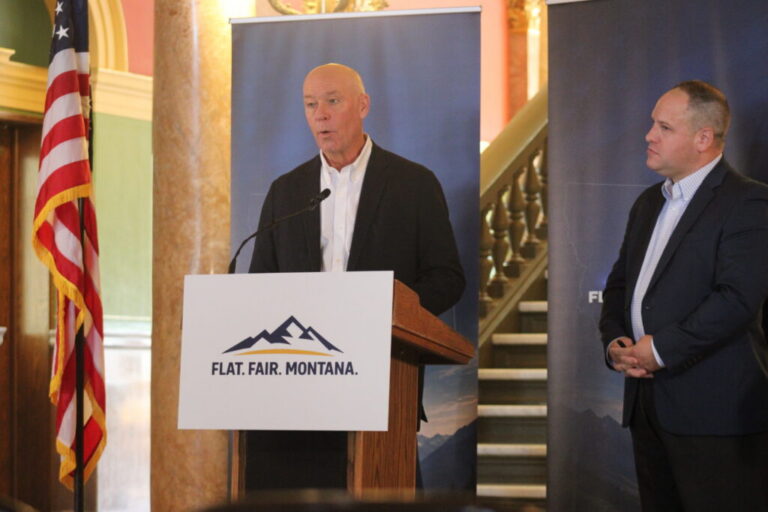 Montana Gov. Greg Gianforte speaks during a Mountain States Policy Center event. CEO and President of the organization, Chris Cargill, stands to the side on Tuesday, Sept. 8, 2026 in the Montana Capitol in Helena, MT. (Jordan Hansen / Daily Montanan)