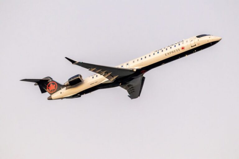 President Donald Trump has targeted Canadian aircraft manufacturer Bombardier in his trade war with Canada. In this photo, an Air Canada Express Bombardier CRJ900 aircraft departs Ronald Reagan Washington National Airport. (Photo by Getty Images/Yassine Bahammou)